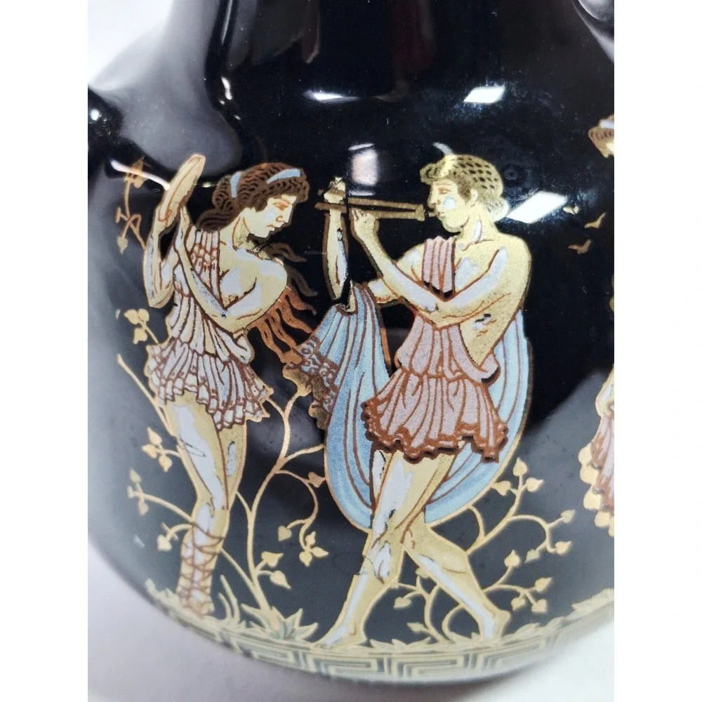 Vintage Greek Mythology Black Gold Amphora Vase‎ Double Handle Urn Harp Greece